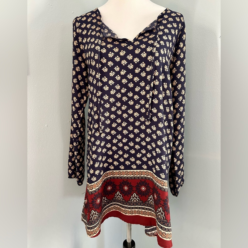 Living Doll Navy and Cream Boho Tunic Top Long Sleeve with Red Accents